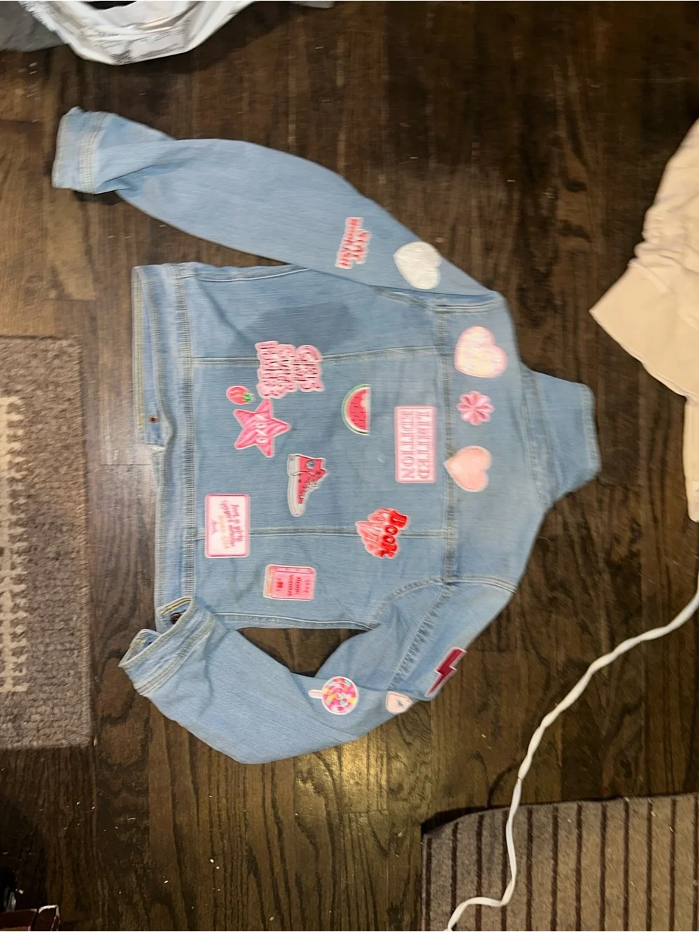 Light Blue Girls' Denim Jacket w/various girly Sequin Patches 10/12